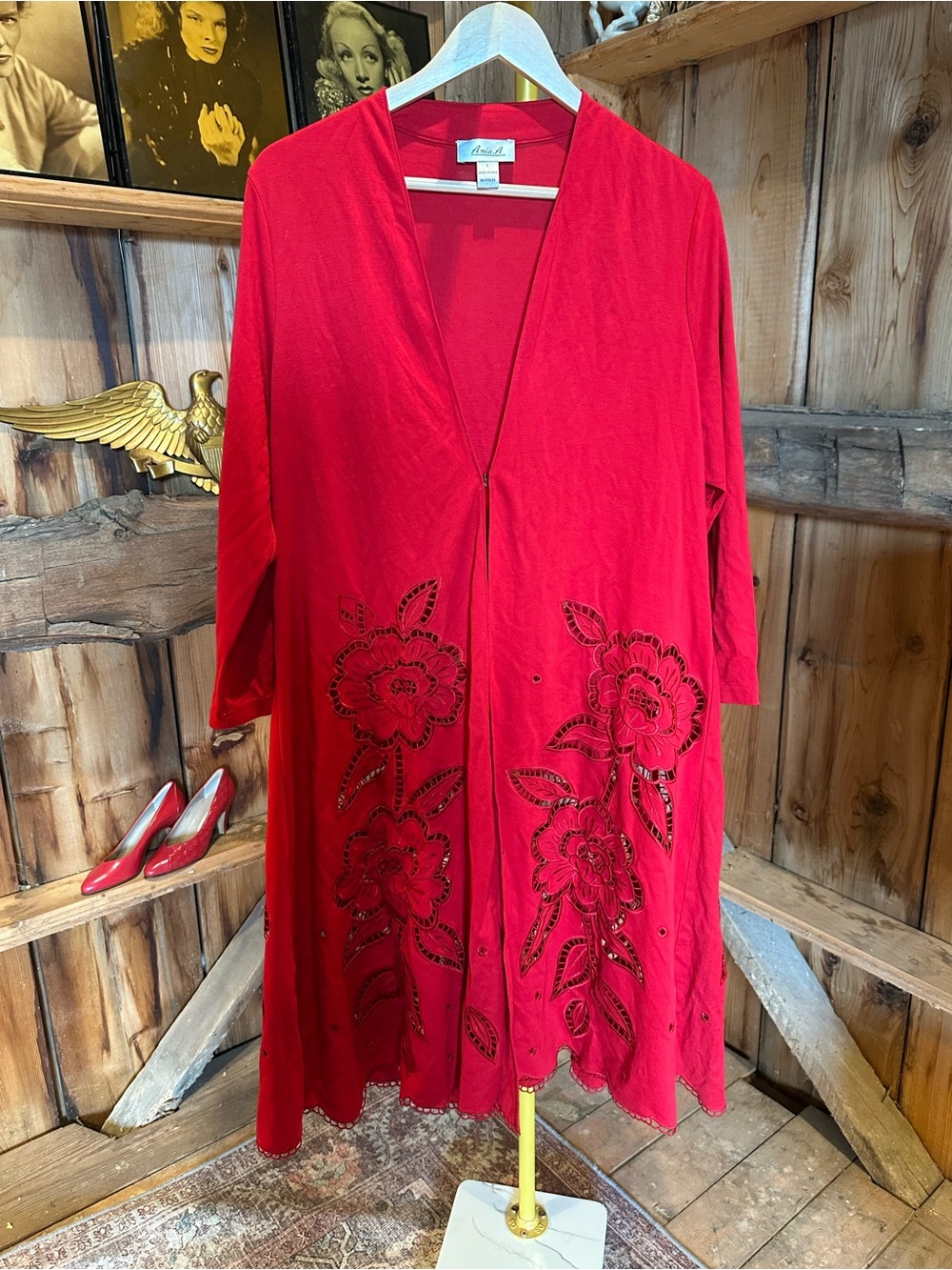 Aris’A Red Embroidered Floral Long duster
